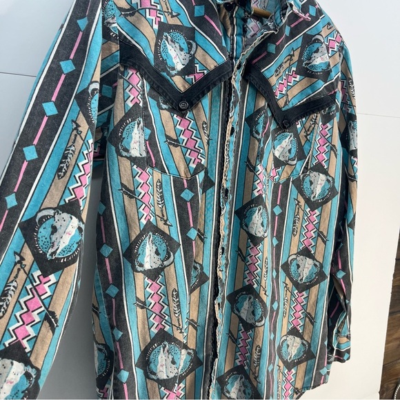 Vtg Dakota Sunset Southwest Bison Skull Rodeo Button Up Long Sleeve Shirt Sz M - Picture 7 of 9